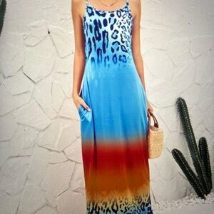 La Mode Woman Blue&Ginger Ombre Leopard Maxi Dress, Size XL